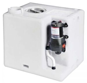 Tatlı su tank sistemi. Polietilen su tankı ve 12.8 litre/dakika kapasiteli otomatik, 12V hidrofor